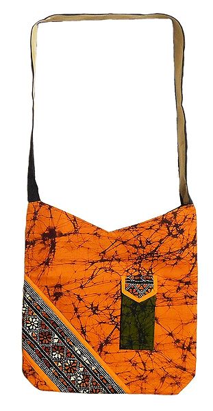 Kantha Embroidered Saffron with Black Batik Cotton Bag with Two Zipped Pocket and One Mobile Pocket