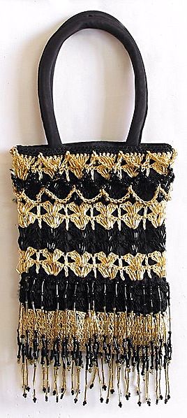 Black and Beige Beaded Party Bag