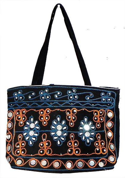 Beaded and Sequined Black Bag with Two Zipped Pockets