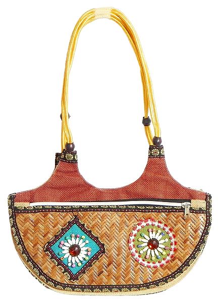 Cane Bag with Two Zipped Pocket with Bead Work