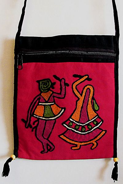 Dandiya Raas Embroidery Black Bag with One Zipped and One Open Pocket