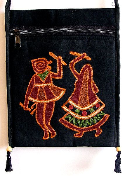 Dandiya Raas Embroidery Black Bag with One Zipped and One Open Pocket