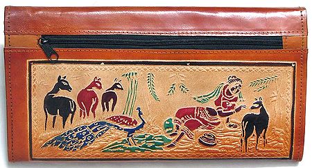 Embossed Leather Clutch Purse with Three Open Pocket and Four Zipped Pockets