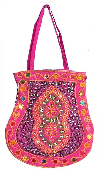 Beaded and Sequined Magenta Bag with Three Zipped Pockets