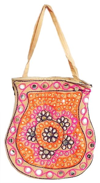 Beaded and Sequined Beige Bag with Three Zipped Pockets