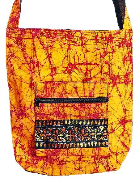 Kantha Embroidered Yellow with Red Batik Cotton Bag with Three Zipped Pocket