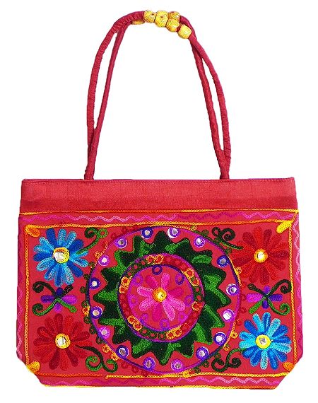 Kashmiri Embroidery on Red Cotton Bag with Two Zipped Pocket