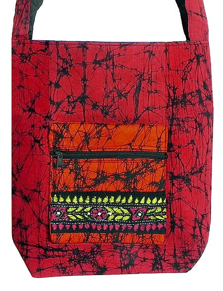 Kantha Embroidered Red with Black Batik Cotton Bag with Three Zipped Pocket