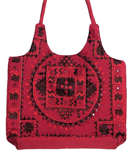 Mirrorwork and Embroidered Red Cotton Bag