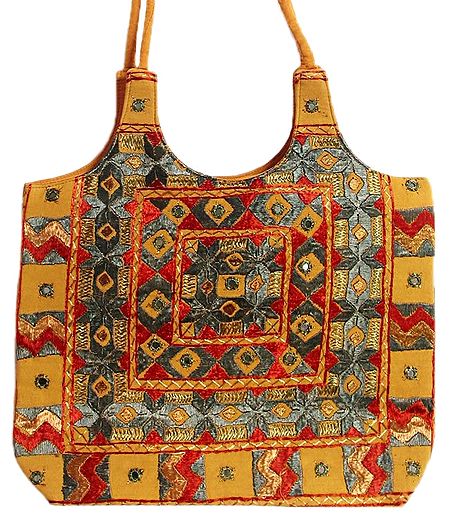 Mirrorwork and Embroidered Yellow Cotton Bag
