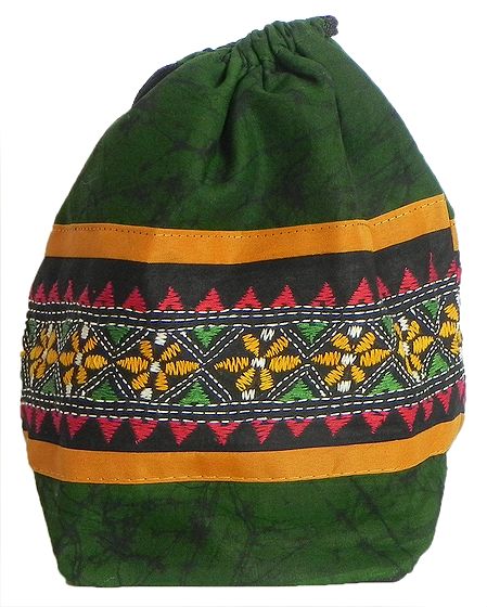 Kantha Embroidered Green Batik Potli Cotton Bag