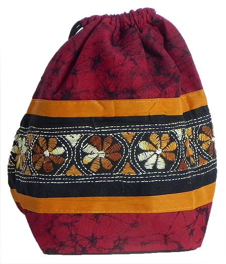 Kantha Embroidered Maroon Batik Potli Cotton Bag