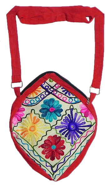 Kashmiri Embroidery on Cotton Shoulder Bag with Two Zipped Pocket