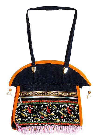 Kantha Stitch Denim Bag with Three Zipped Pockets