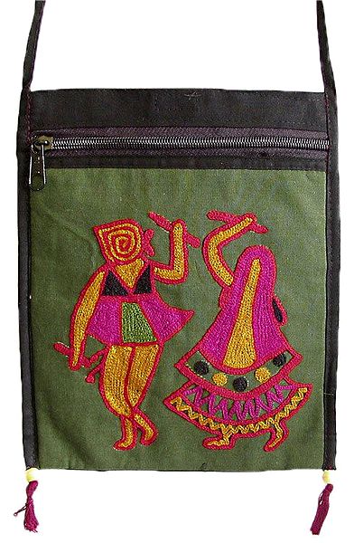Dandiya Raas Embroidery Green Bag with One Zipped and One Open Pocket