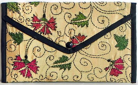 Kantha Embroidered Beige Silk Clutch Bag with One Open and One Zipped Pocket