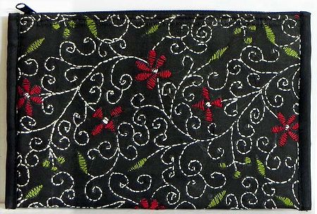 Kantha Embroidered Black Silk Bag with One Open and One Zipped Pocket