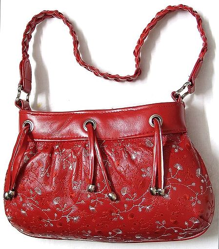 Embroidered Red Leather Bag