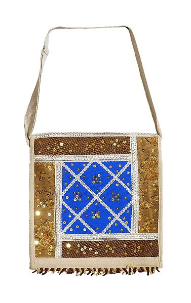 Sequined, Beaded Jute Bag with One Zipped and One Open  Pocket