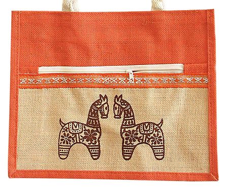 Hand Painted Shopping Jute Bag with Three Zipped Pockets