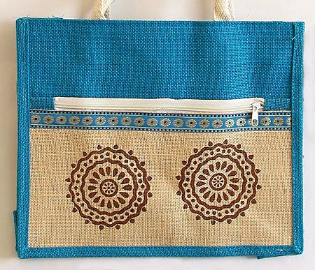 Hand Painted Jute Shopping Bag with Four Zipped Pockets