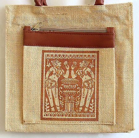 Hand Painted Jute Bag with Three Zipped Pockets and Mobile Holder
