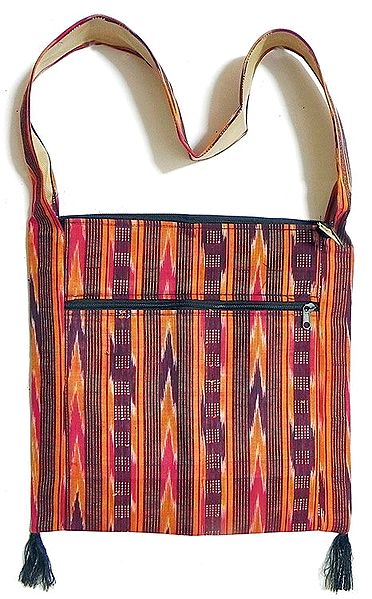 Ikkat Design on Cotton Shoulder Bag with Two Zipped Pocket