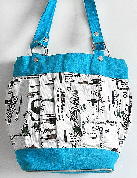Printed White Jute Bag with Cyan border and Strap