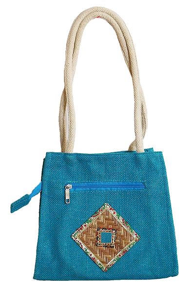 Blue Appliqued Bag with Two Open Pockets and Two Zipped Pockets