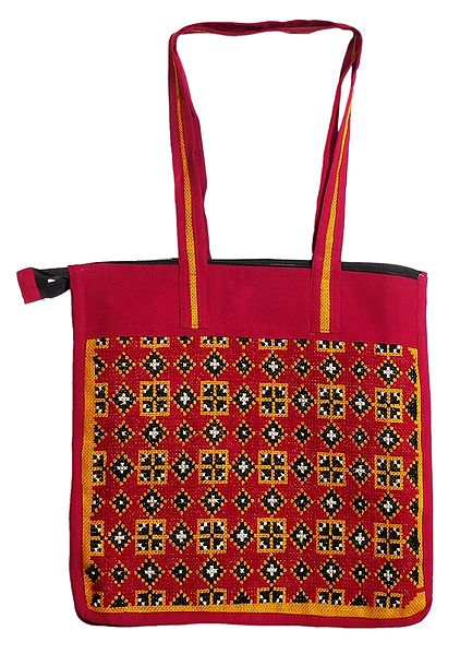 Embroidered Jute Shopping Bag with Two Zipped Pockets