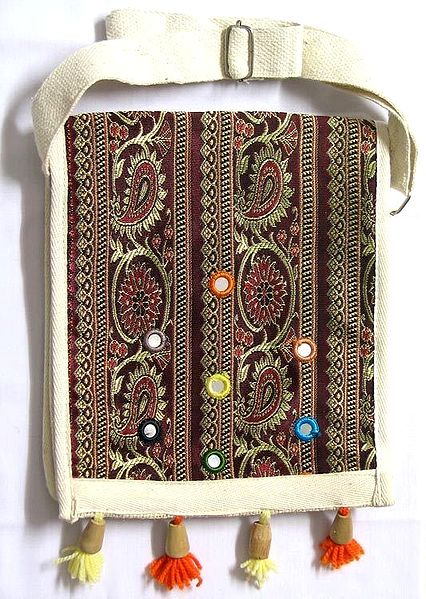Jute Shoulder Bag with Mirrorwork One Open and One Zipped Pocket