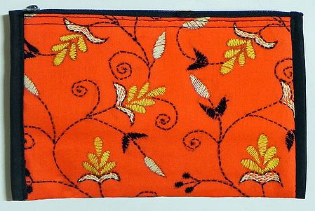 Kantha Embroidered Saffron Cotton Clutch Bag