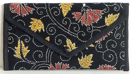 Kantha Embroidered Red Cotton Clutch Bag with One Open and One Zipped Pocket