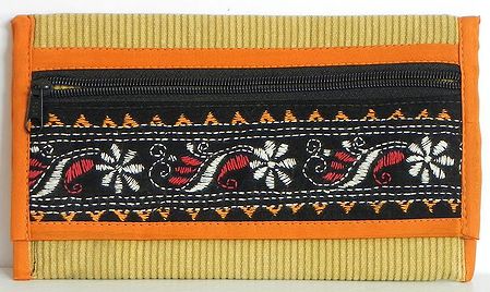Kantha Embroidered Red Cotton Clutch Bag with One Open and Two Zipped Pocket