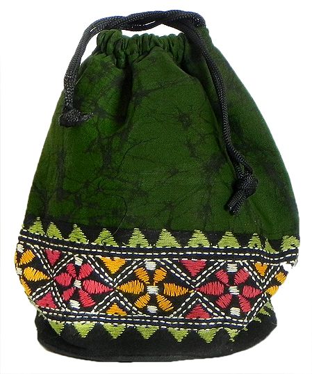 Kantha Embroidered Dark Green Batik Potli Cotton Bag