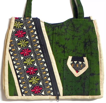 Kantha Embroidered Green with Black Batik Cotton Bag with Three Zipped Pocket and One Mobile Pocket 