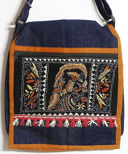 Kantha Stitch Blue Denim Bag with One Open and One Zipped Pocket