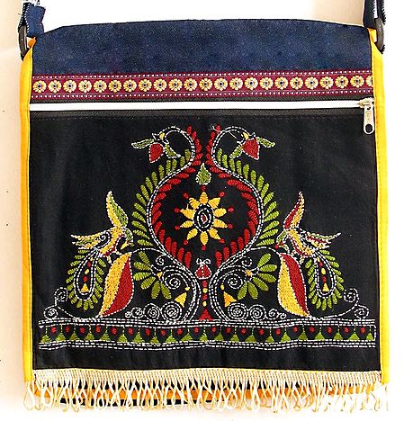 Kantha Stitch Bag with Two Zipped Pockets and One Open Pocket