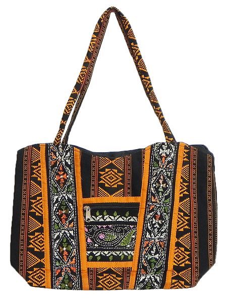 Kantha Embroidered Black with Yellow Weaved Cotton Bag with Three Zipped Pocket