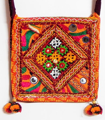 kutchi Embroidered Bag with One Zipped Pocket