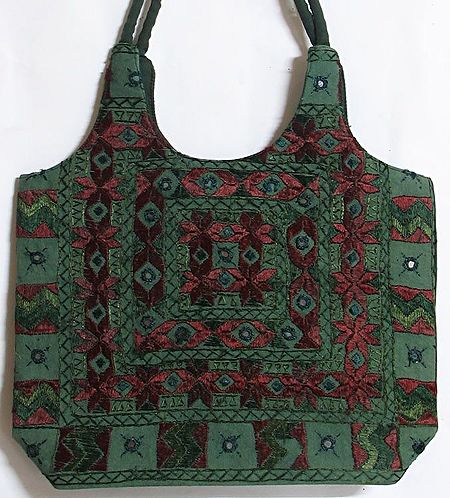 Mirrorwork and Embroidered Green Cotton Bag