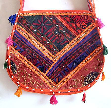 Mirrorwork and Embroidered Multicolor Cotton Bag with Two Zipped Pocket