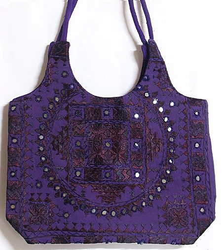 Mirrorwork and Embroidered Purple Cotton Bag