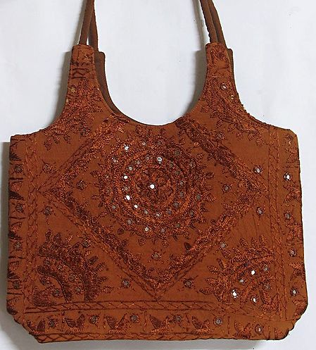 Mirrorwork and Embroidered Rust Cotton Bag