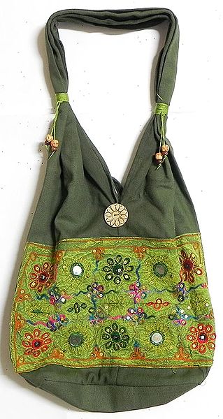Mirrorwork and Embroidered Dark and Light Green Cotton Bag