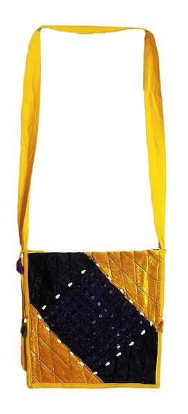 Patchwork and Mirror Work Shoulder Bag with One Zipped Pocket and One Open Pocket