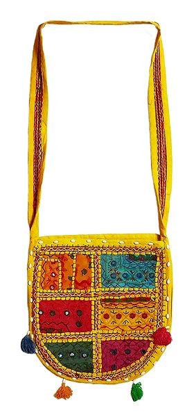 Mirrorwork and Embroidered Multicolor Cotton Bag with One Zipped Pocket