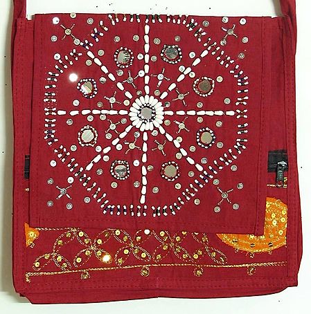 Mirrorwork, Sequinwrok and Beadwork Red Cotton Bag with One Zipped and One Open Pocket