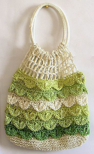 Off White, Light Green and Dark Green Crochet Bag