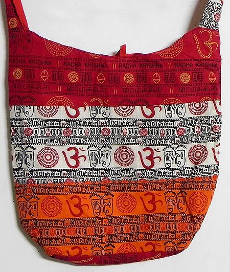 Patchwork Multicolor Cotton Bag with Om and Radha Krishna Print